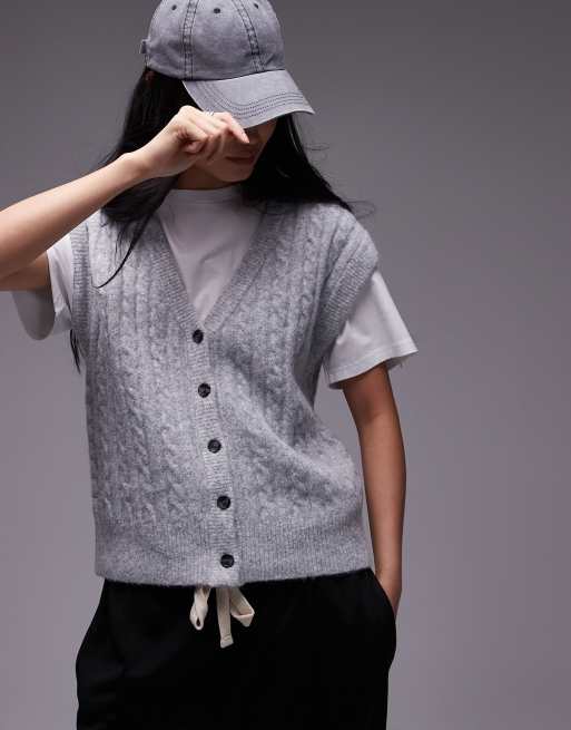 Topshop - Gebreid gilet met kabels in grijs