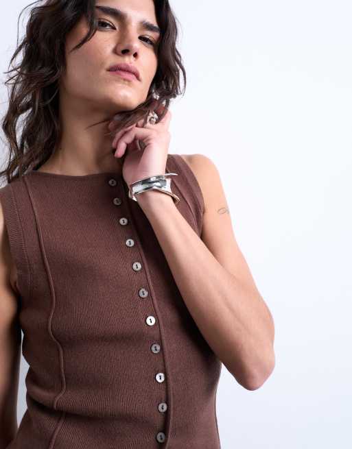 Topshop - Gebreid gilet met lange pasvorm in chocoladebruin, 3 van 4