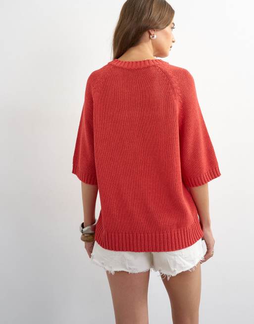 Topshop gebreid henley T-shirt in rood, 4 van 4
