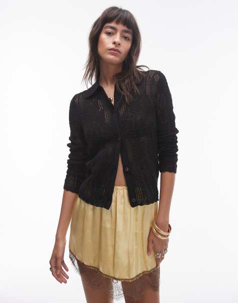 Topshop - Gebreid overhemd met opengewerkt patroon en lange mouwen in zwart - view 1