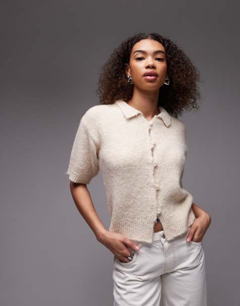 Topshop - Gebreid overhemd met wollook en knopen in ecru - view 1