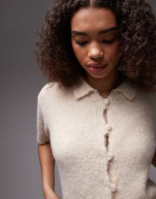 Topshop - Gebreid overhemd met wollook en knopen in ecru, 3 van 4