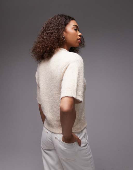 Topshop - Gebreid overhemd met wollook en knopen in ecru, 4 van 4