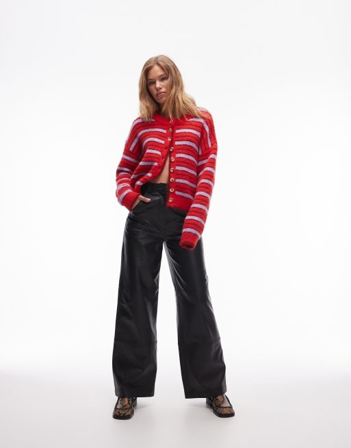 Topshop - Gebreid oversized recht gestreept vest in rood en lila, 4 van 4