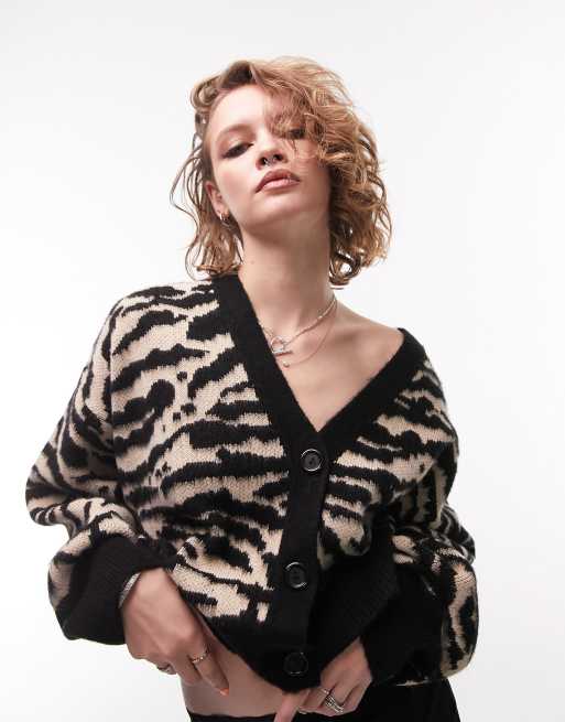 Topshop - Gebreid, recht vest met zebraprint in beige, 3 van 4