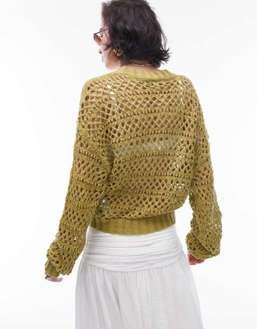 Topshop - Gebreid vest met gemixte steken in olijfgroen, 2 van 4