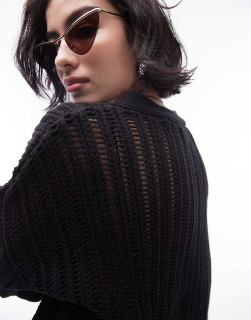 Topshop - Gebreid vest met open steek in zwart, 2 van 4