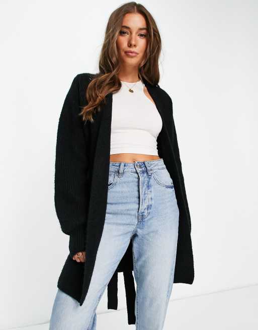 Topshop - Gebreid vest met overslag, ballonmouwen en riem in zwart