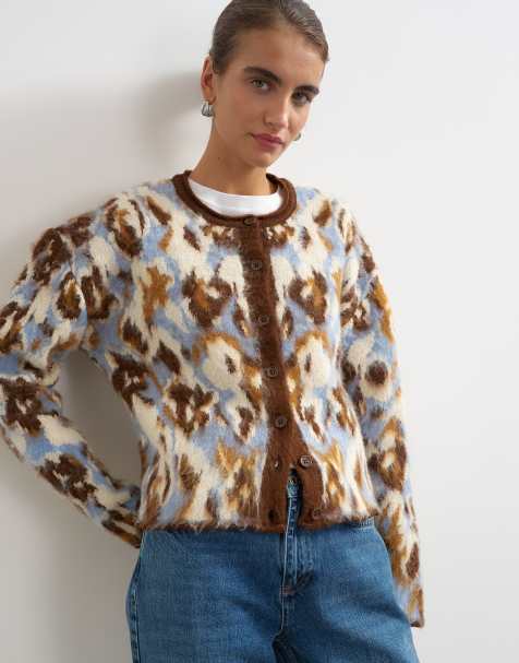 Topshop gebreid vest met ronde hals in blauwe bloemenprint - view 1