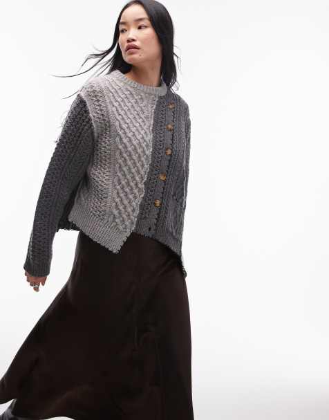 Topshop - Gebreid vest van 100% premium wol met asymmetrische kabels in multi - view 1
