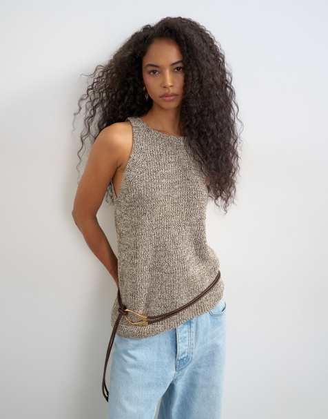 Topshop gebreide asymmetrische top in kaki - view 1