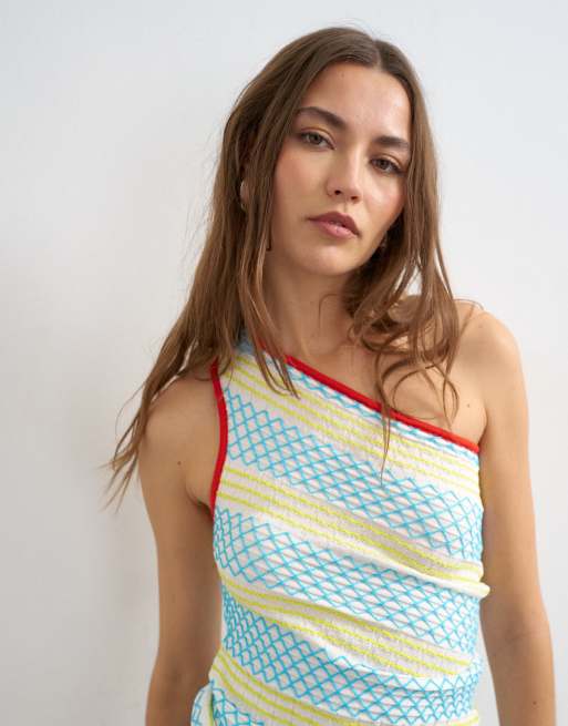 Topshop - Gebreide asymmetrische top met blote schouder in multi, 4 van 4