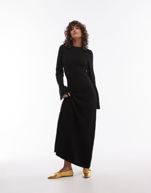 Topshop - Gebreide bouclé maxi jurk in zwart