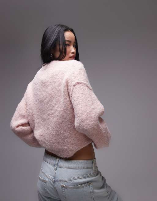 Topshop - Gebreide bouclé trui met V-hals in roze, 4 van 4