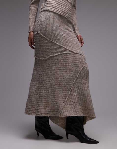 Topshop - Gebreide co-ord set van asymmetrische top en rok in lichtbeige - view 1