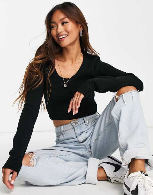 Topshop - Gebreide crop top met ronde hals in zwart
