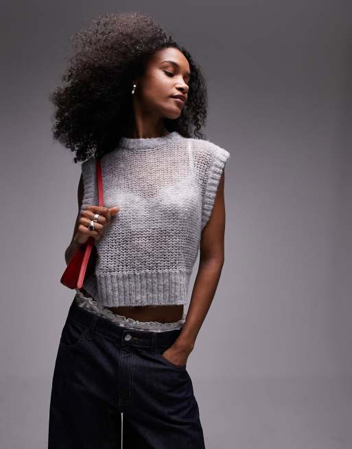 Topshop - Gebreide doorschijnende tanktop in grijs