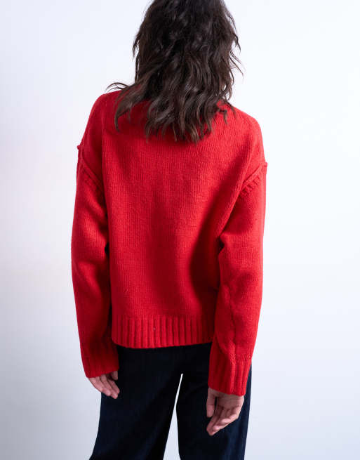 Topshop - Gebreide effen trui met zichtbare naad in rood, 4 van 4