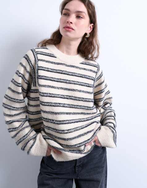 Topshop - Gebreide en gestreepte trui met zoom aan de voorkant in zwart-wit - view 1