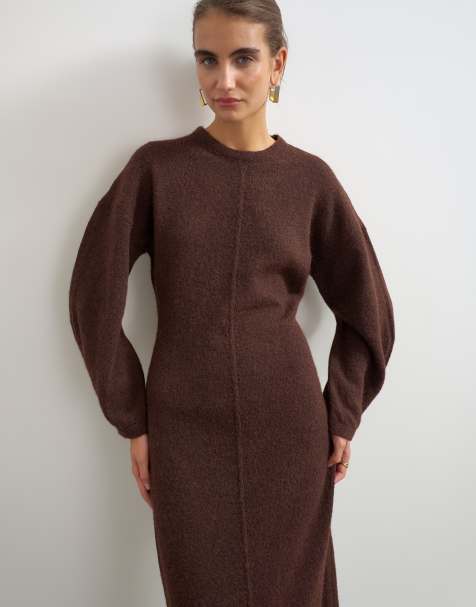 Topshop gebreide fluffy maxi jurk met batwingmouwen in bruin - view 1