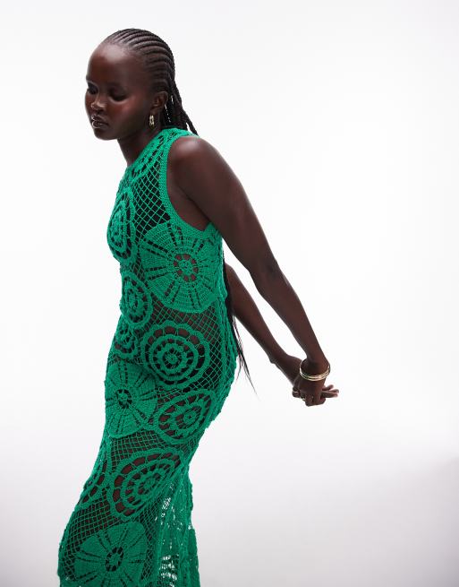 Topshop - Gebreide gehaakte mouwloze midi-jurk in groen