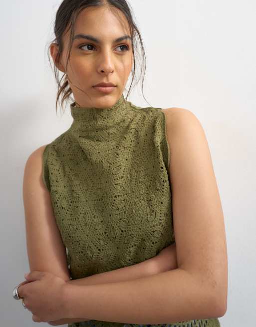 Topshop - Gebreide gehaakte top in kakigroen, 2 van 4