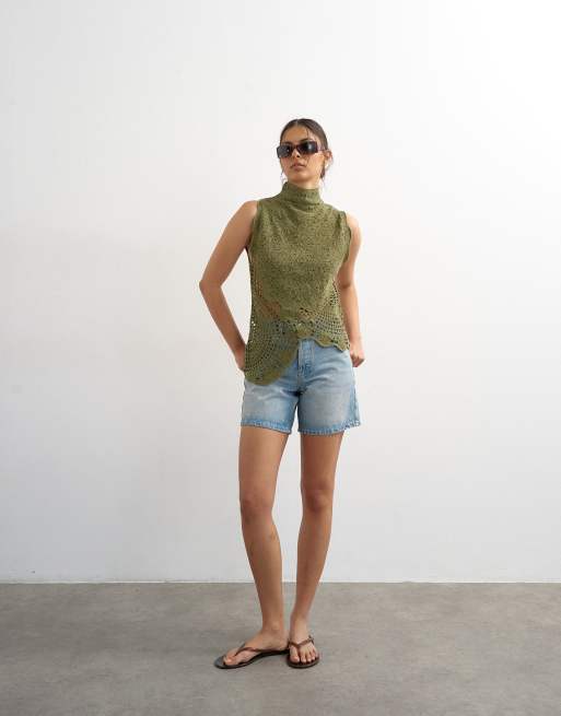 Topshop - Gebreide gehaakte top in kakigroen, 3 van 4