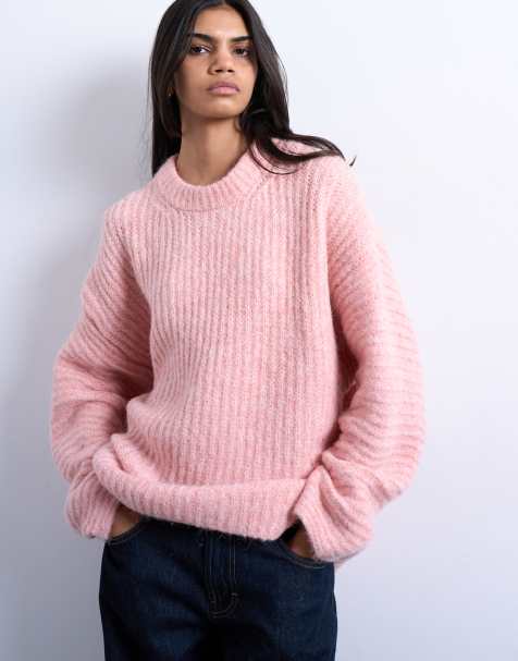 Topshop - Gebreide geribbelde trui met ballonmouwen in roze - view 1