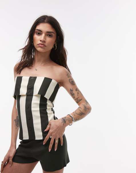 Topshop - Gebreide gestreepte bandeau-top in kaki, deel van co-ord set - view 1
