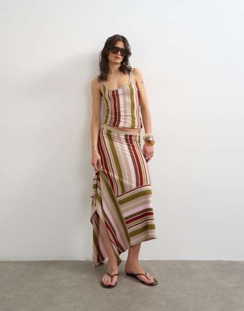 Topshop - Gebreide gestreepte co-ord set in groen multi - view 1