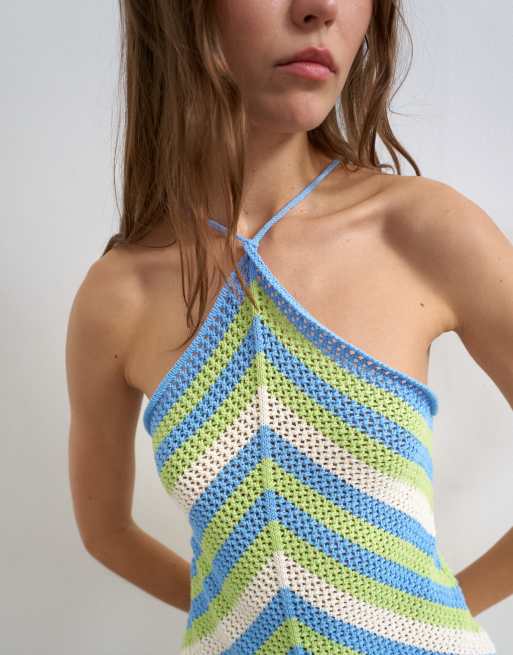 Topshop - Gebreide gestreepte haltertop in groen en blauw multi, deel van co-ord set, 2 van 4
