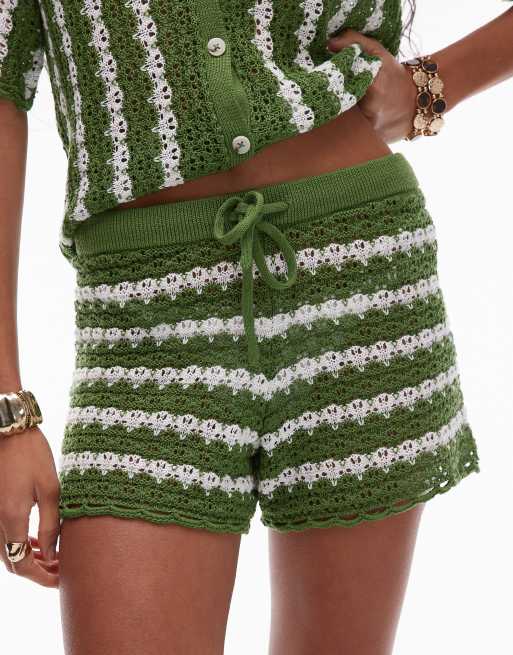 Topshop - Gebreide gestreepte short met stiksels in groen, deel van co-ord set, 3 van 5