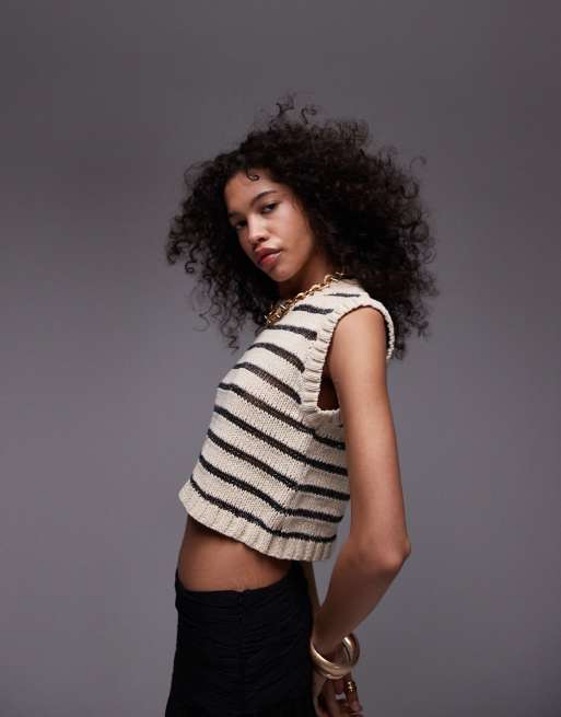 Topshop - Gebreide gestreepte tanktop in stone