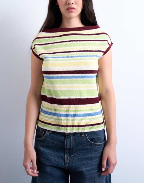 Topshop - Gebreide gestreepte top met blote schouder in multi - view 1