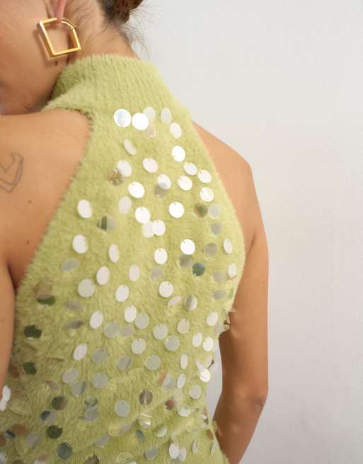 Topshop gebreide halternek top met lovertjes in groen, 3 van 4