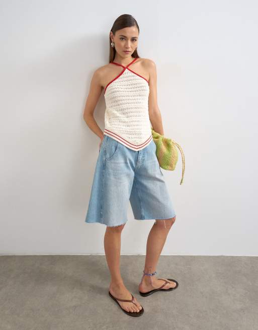 Topshop - Gebreide haltertop met stiksels in ecru en rood, 2 van 4