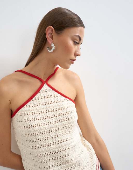 Topshop - Gebreide haltertop met stiksels in ecru en rood, 3 van 4