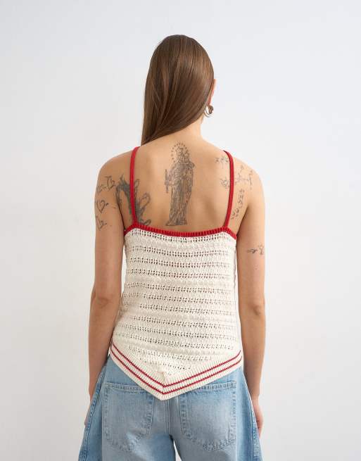 Topshop - Gebreide haltertop met stiksels in ecru en rood, 4 van 4
