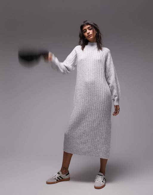 Topshop - Gebreide hoogsluitende midi jurk met brede ribbels in grijs