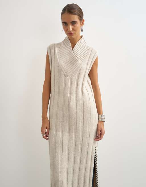 Topshop gebreide jurk met kabelpatroon, lang model in oat, 2 van 4