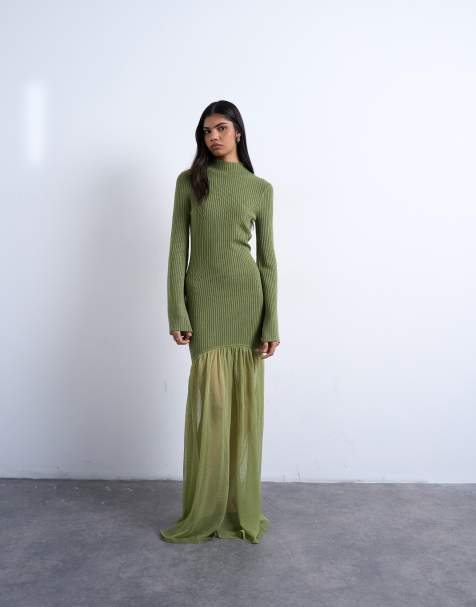 Topshop - Gebreide maxi jurk met volle rok in olijfgroen - view 1