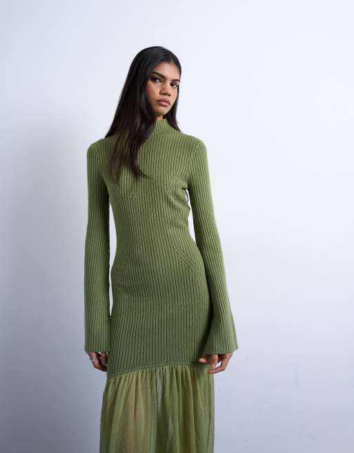 Topshop - Gebreide maxi jurk met volle rok in olijfgroen, 3 van 4