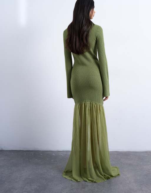 Topshop - Gebreide maxi jurk met volle rok in olijfgroen, 4 van 4