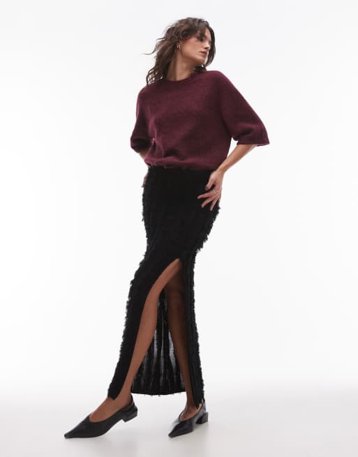 Topshop - Gebreide maxi rok met textuur in zwart