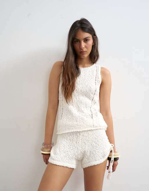 Topshop - Gebreide micro short met gestrikte zijkant in ivoorwit, deel van co-ord set, 2 van 5