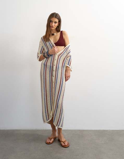 Topshop - Gebreide midi polojurk met strepen en open steken in ecru - view 1