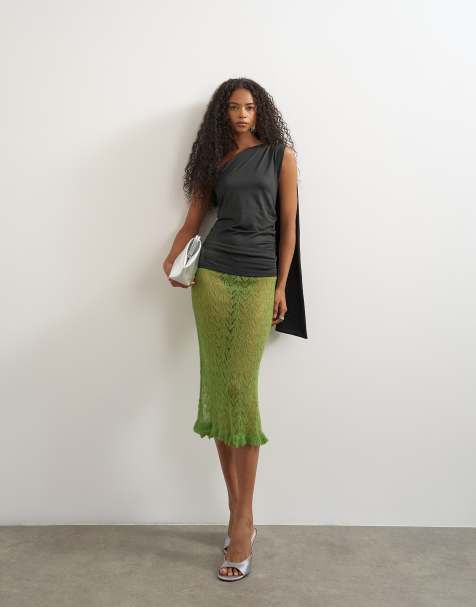 Topshop gebreide midi-rok met ruchezoom en pointelle, met wol, groen - view 1