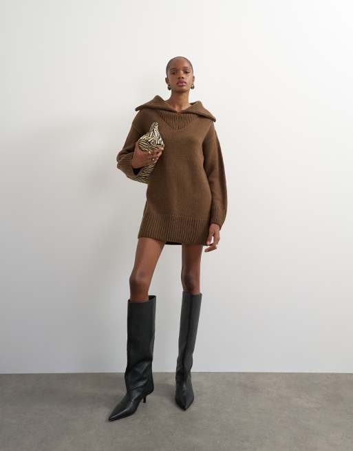 Topshop gebreide mini jurk met open kraag en wol in bruin, 2 van 4