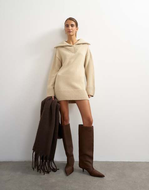 Topshop gebreide mini jurk met open kraag en wol in havermoutkleur - view 1
