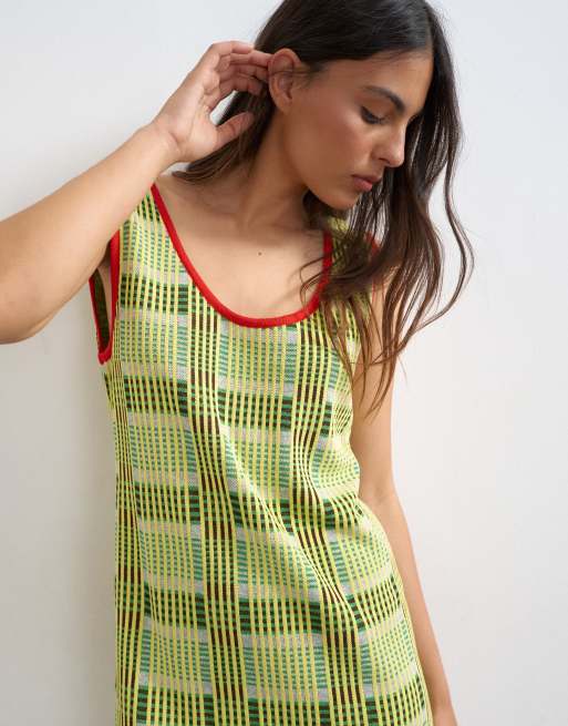 Topshop - Gebreide mouwloze geruite mini jurk in groen, 4 van 4